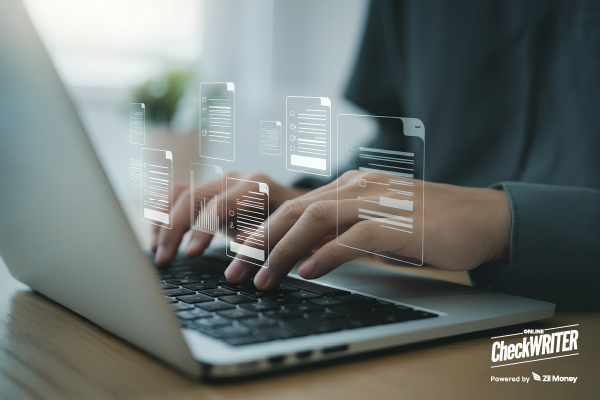 A Man Using A Laptop to Make a Payment Easily and Also Shows Bank Data in the Screen