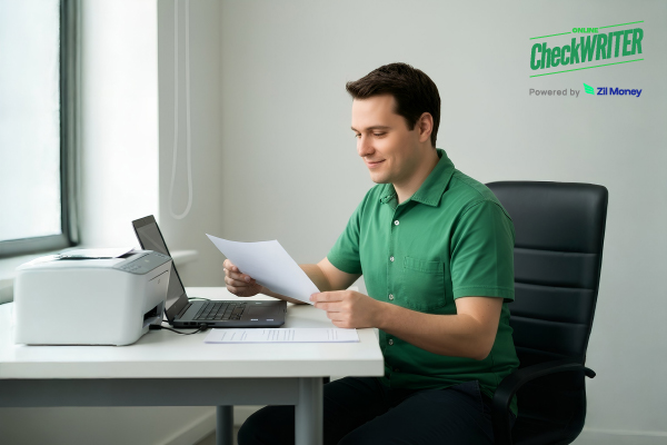A Man Holding A Blank Paper and Using A Laptop And Printer To Print Checks Easily. Represents Costco Checks Alternative | Print Business Check Instantly