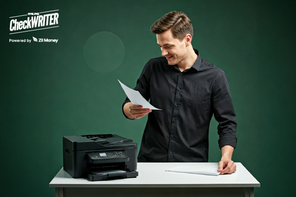 A Man Using A Printer To Print Personal Checks Instantly with Cloud-Based Printing. Save 80% on Costs, Enhance Security, and Print from Any Device Using Blank Paper