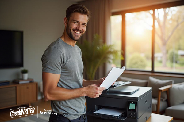 Cheap Checks Printing at Home by a Smiling Man Using a Modern Printer, Showing an Easy and Cost-Saving Solution for Personal or Business Payments.