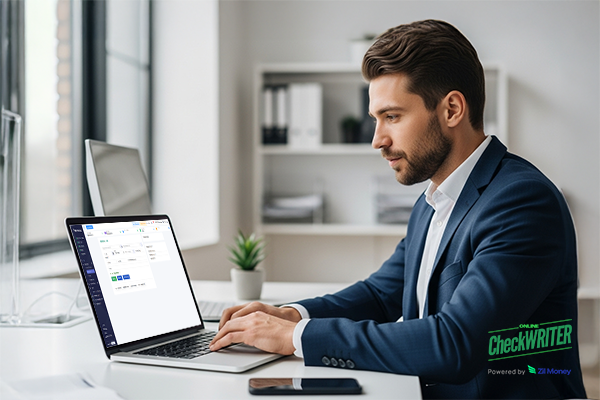 A Man Using A Laptop and that Laptop Shows Bank Draft Interface. Transform Business Payments with Guaranteed Funds