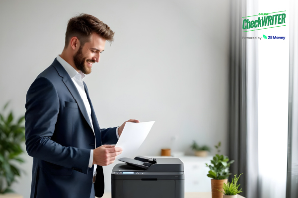 A Man Using A Printer to Print Checks. Master Check Layout Customization for Multiple Accounts.