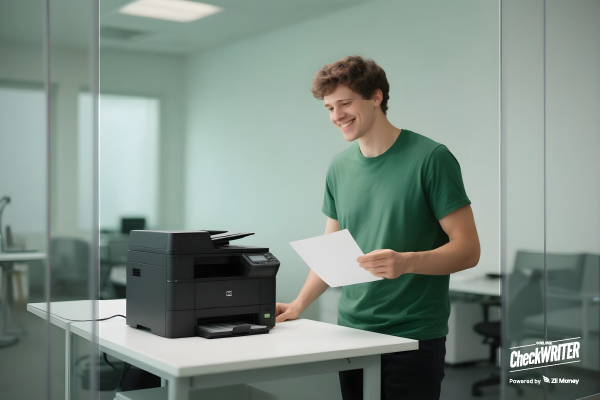 A Man Using A Printer to Print Checks Easily. Find a Better Costco Checks Alternative with Instant Printing