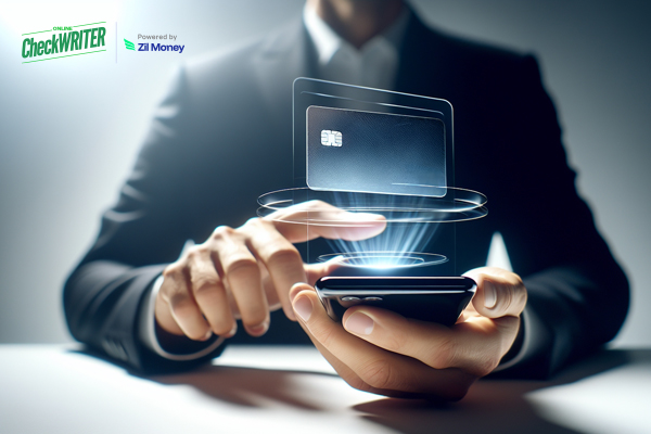 A Business Professional Using a Smartphone with a Glowing Digital Interface Illustrates the Convenience and Speed of Using a Virtual Card for Payments.