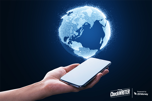 A Hand Holds a Smartphone Projecting a Glowing Digital Globe, Symbolizing How International Payments Offer Fast and Secure Global Transactions.