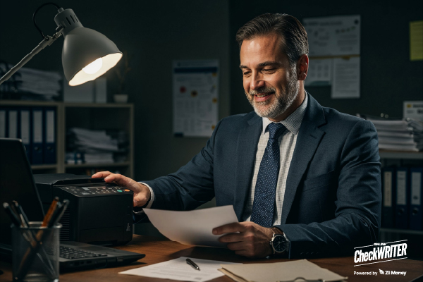 A Smiling Businessman Prints a Document, Signifying the Efficiency of Generating a Paper Check in the Office.