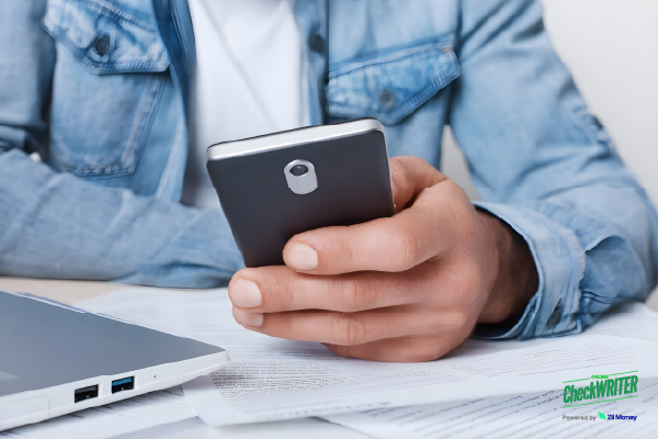 A person uses a smartphone and laptop for Bill Payment, showing secure and convenient digital transactions.