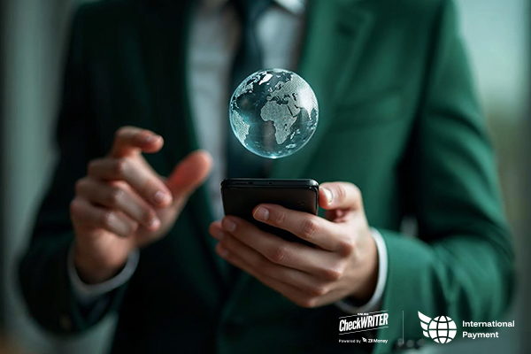 A Businessman Uses a Smartphone with a Globe Projection, Showing Fast International Payments Made Simple and Secure.