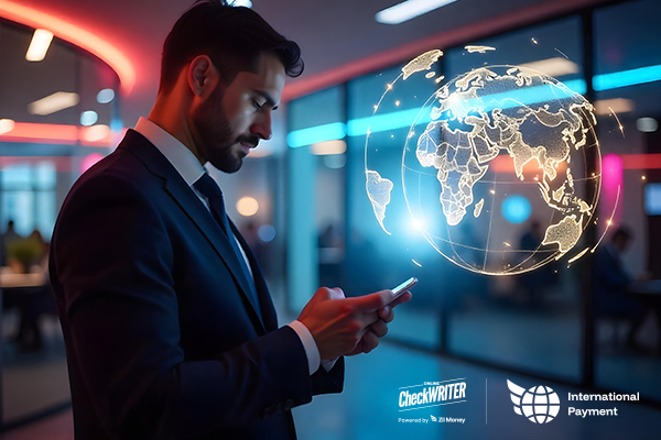 A Businessman Using a Mobile App with a Glowing World Map, Showing the Speed and Ease of Fast International Payments.