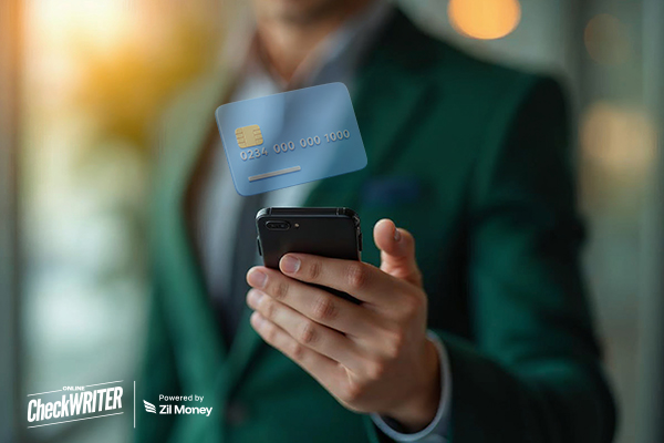 A Man in a Suit Holds a Phone with a Virtual Card, Showing the Ease of Instant Business Cards for Fast and Secure Payments.