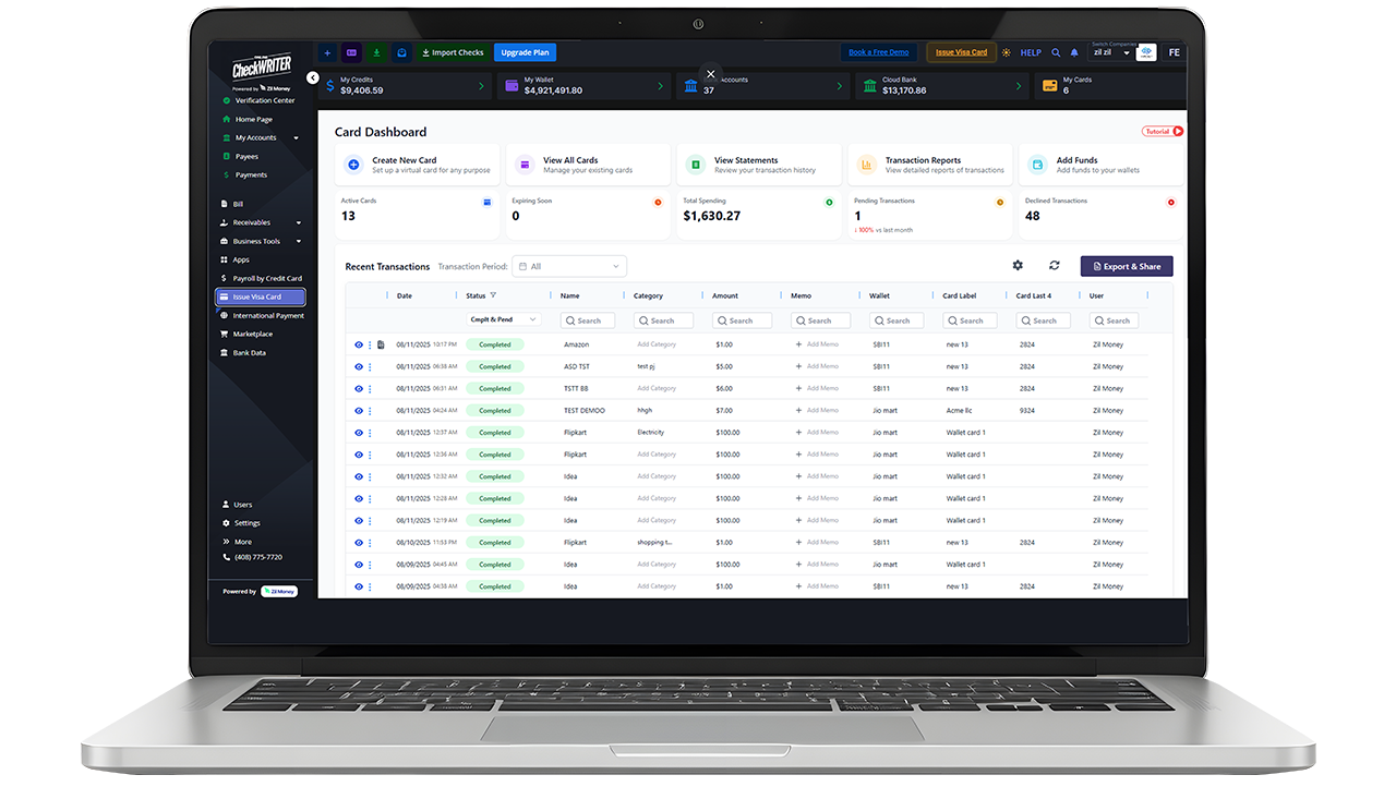 An Image that Shows a Laptop Display Instant Security with Every Swipe. Get Instant Business Cards with Full Control Over Spending.