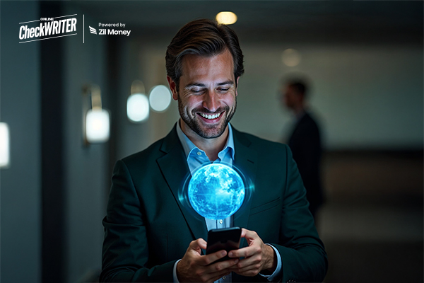 A Man Using A Phone to Send International Payments Within Minutes, No Hidden Fees, Multi-Currency Support, and No Pre-Funding Required. Experience Global Payments