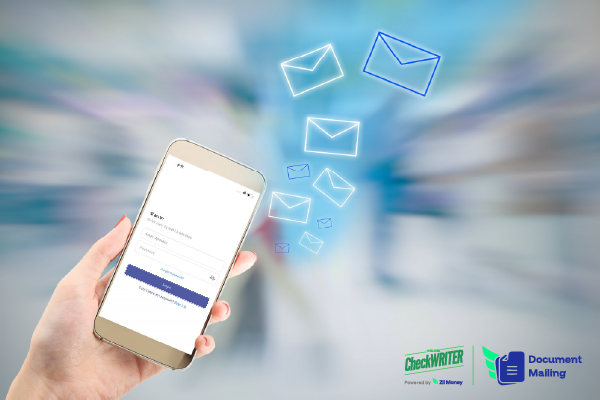 A Smartphone App Shows How to Mail Documents Online Quickly, with Digital Envelopes Symbolizing Fast Delivery.