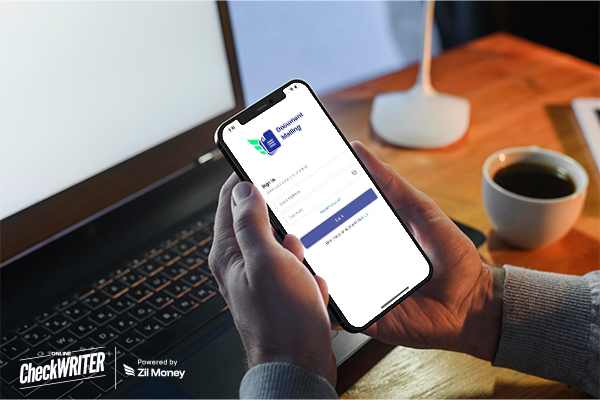 A person uses a mobile app to mail documents online quickly and securely without visiting the post office.