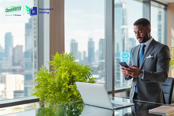 A businessman using his phone in an office to Mail Documents Online securely and efficiently.
