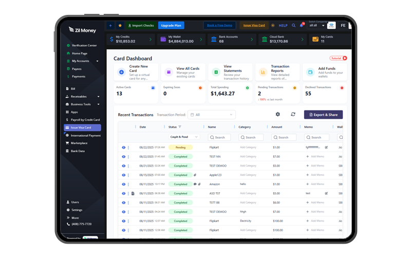 A Tablet Screen Shows a Virtual Card Platform Interface. Construction Worker Cards Help Manage Project Expenses with Spending Limits, Real-Time Tracking & Secure Payments