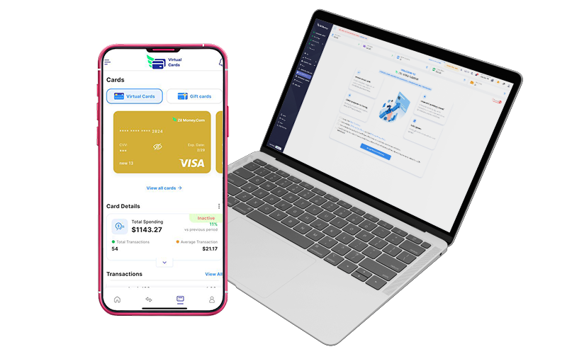 A Laptop and Mobile Screen Show a Virtual Card Platform Interface. Construction Worker Cards Help Manage Project Expenses with Spending Limits, Real-Time Tracking & Secure Payments