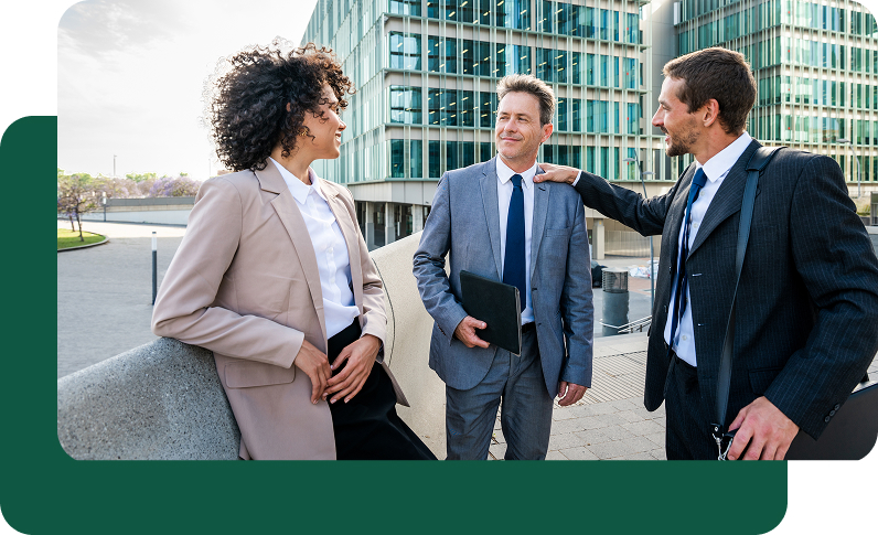 Three Business Partners Discussing Their Businesses. Distribute Rewards Instantly with Customizable Employee Bonus Cards.
