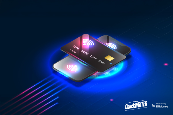 A glowing digital credit card hovers above a smartphone screen, symbolizing secure and fast contactless payments.
