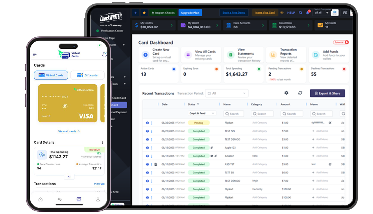 A Tablet and Phone that Shows a Virtual Card App Interface. Control Spending with Limits, Real-Time Tracking, and AI-Powered Reports, Prevent Fraud, and Multiple Cards