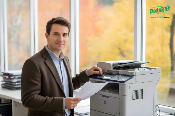 A man printing documents in an office, highlighting a faster and safer alternative to Costco Checks.
