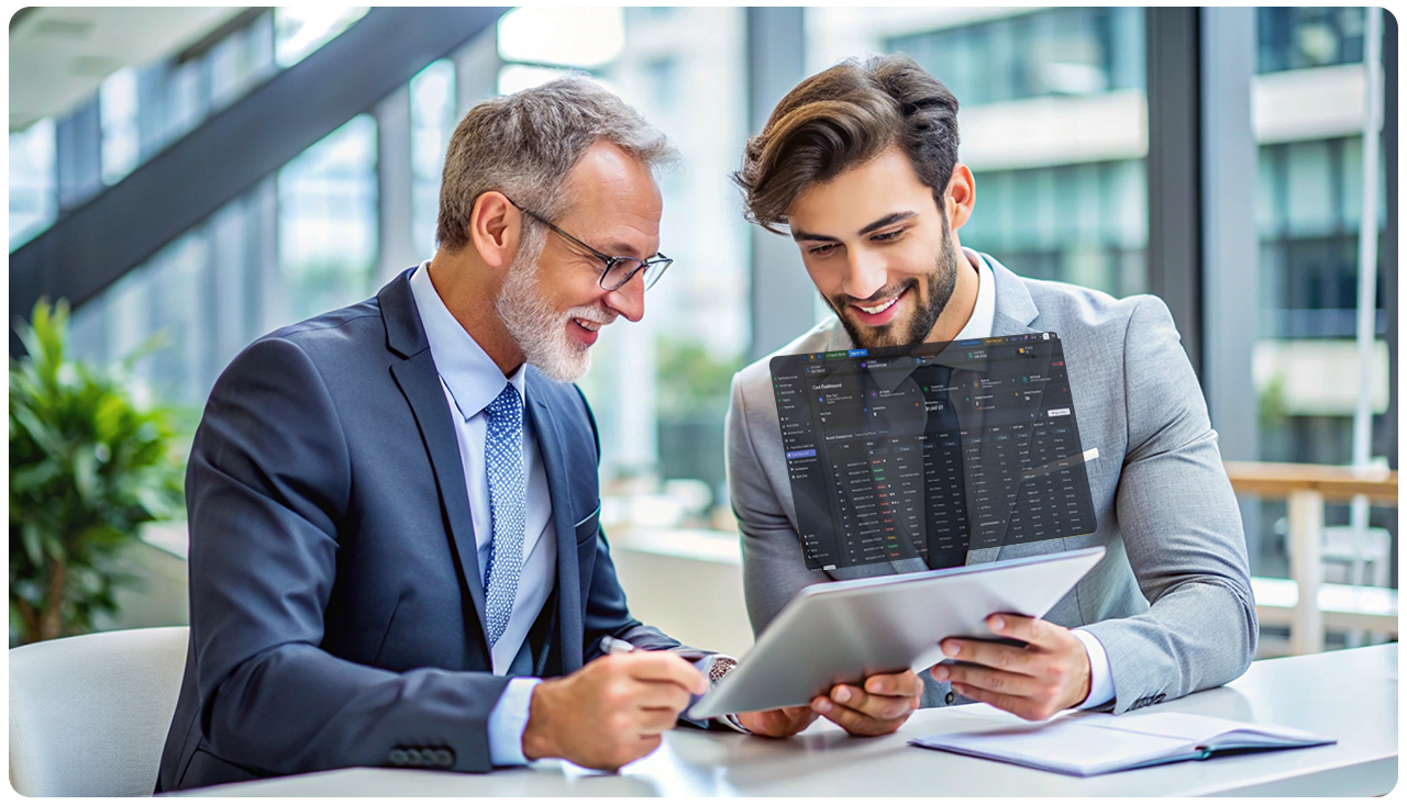 Two Businessmen Using a Tablet to Make AI-Powered Expense Management with Actionable Insights. Mass Card Deployment Lets Businesses Issue Virtual Cards