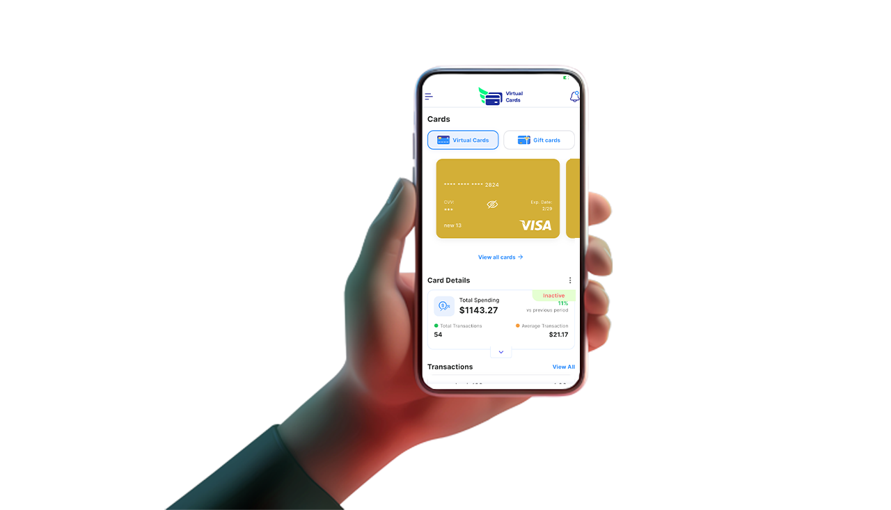 A Holding A Smartphone to Make a Virtual Card Payment Easily, the Phone Shows a Virtual Card App. Mass Card Deployment, Issue and Manage Virtual Cards in Bulk