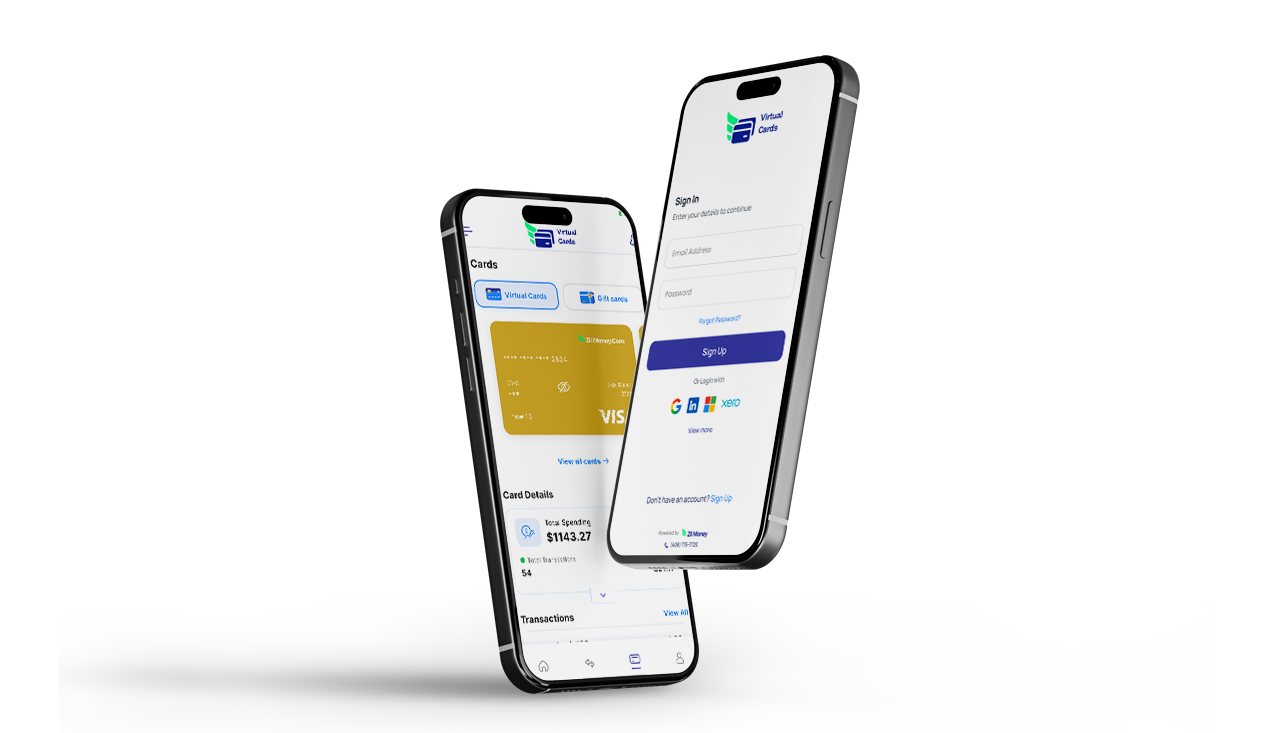 Two Phone Displays Virtual Card App Interface. Represents Instant Mass Card Deployment with Complete Control