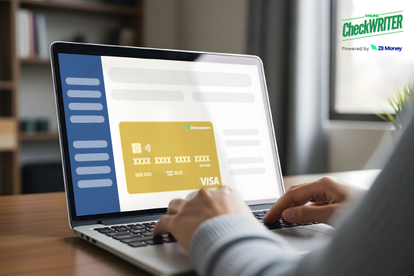 A Man Using A Laptop to Make a Payment Easily. Create Virtual Employee Bonus Card with Customizable Limits, Real-Time Tracking