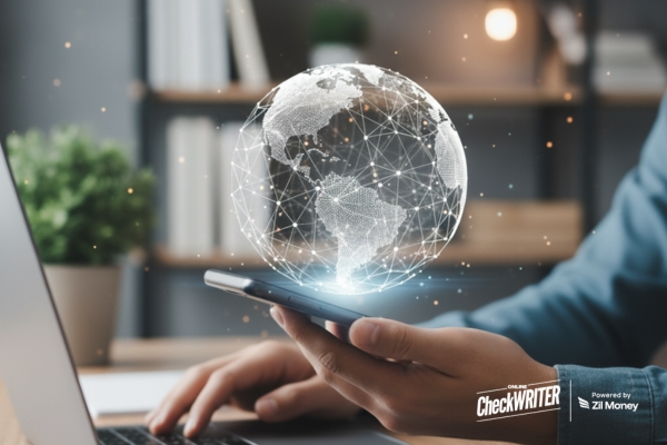 A Person Using a Smartphone with a Digital Globe Overlay, Symbolizing Fast International Payments Made Secure and Quick.