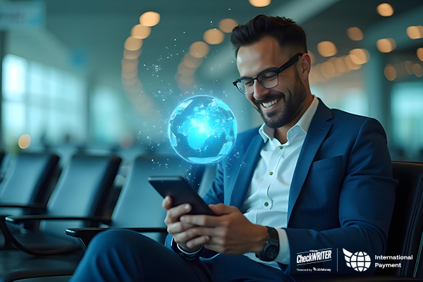 A man in a suit smiles while using a tablet at an airport, with a globe icon floating above it, representing fast international payments.