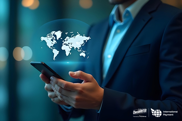 A Businessman Holds a Phone Showing a Holographic World Map, Symbolizing the Ease of Making Fast International Payments.