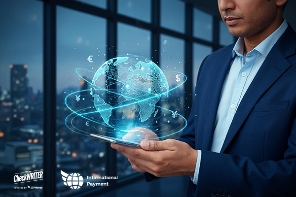 A Professional Holding a Phone with a Holographic Globe Showing Different Currencies, Representing Fast International Payments.