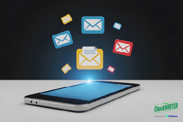Mail envelopes hovering over a smartphone, illustrating the convenience of a service to mail documents online.