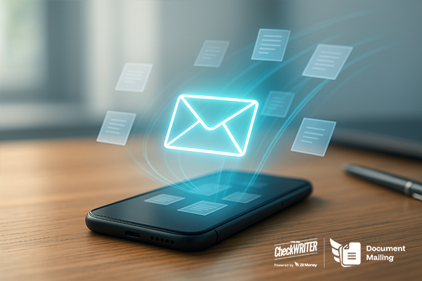 A Smartphone on a Desk Displays a Glowing Mail Icon, Showing How Users Can Mail Documents Online Quickly and Securely.