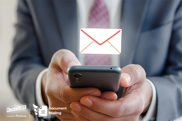 A businessman using a smartphone to Mail Documents Online with ease and speed.