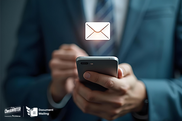 A Man Holds a Smartphone with a Glowing Mail Icon Above It, Showing How You Can Mail Documents Online.