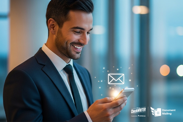 A Businessman Using A Mobile to Make Mail Documents Online with Ease