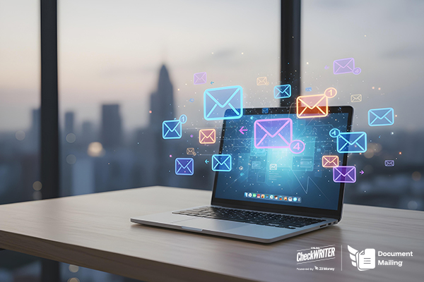 A Laptop Screen Shows Mail Documents Online Interface. Secure, Fast, and Professional Delivery