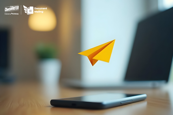 A Smartphone with a Floating Paper Plane Shows How Users Can Mail Documents Online Quickly Through a Mobile App.