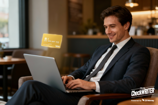 Nonprofit Expense Cards image showing a smiling businessman using a laptop with a floating gold Visa card, illustrating quick, secure spending.