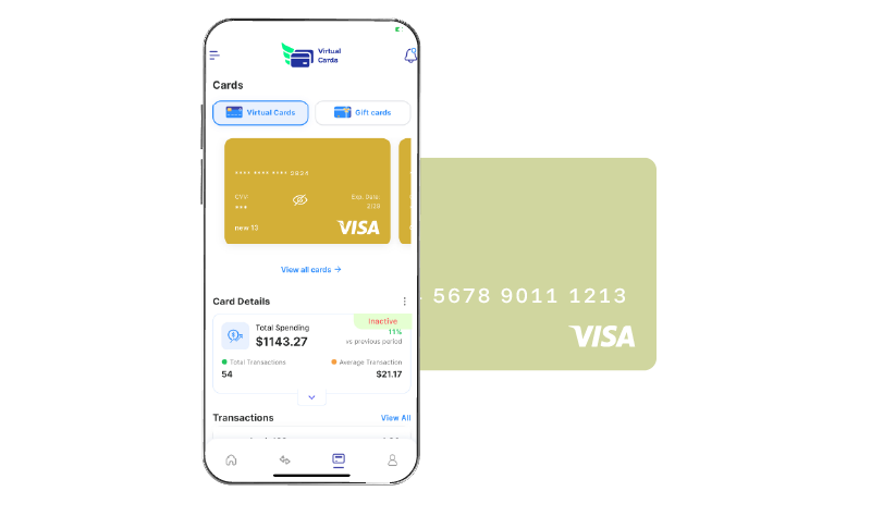 A Phone that Shows a Virtual Card Mobile App. Issue Vendor Payment Cards Instantly with Set Spending Limits and Real-Time Tracking for Secure, Efficient, and Organized Vendor Payments