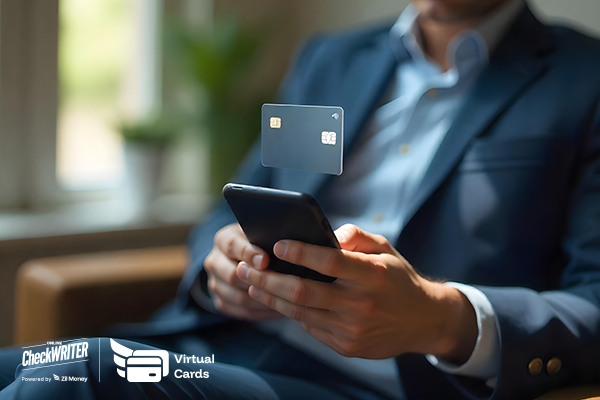 A Businessman Using a Phone with a Digital Virtual Card Floating, Showing Secure and Modern Payments.