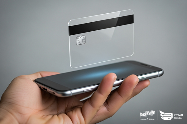 A hand holds a smartphone with a transparent virtual card floating above it, showing digital payment convenience.