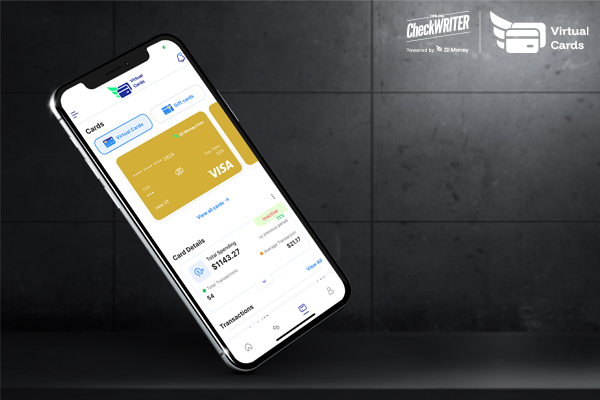 Smartphone displaying a gold virtual card with transaction details and a Visa logo, emphasizing mobile expense control.