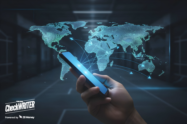 A Hand Holds a Phone with a Glowing World Map Showing Fast International Payments Across Countries.