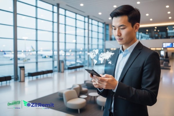 A Man In an Airport Holding a Smartphone to Make International Payments, Fast International Payments, Finally Made Clear in 2025 Why Transparency Matters for Businesses