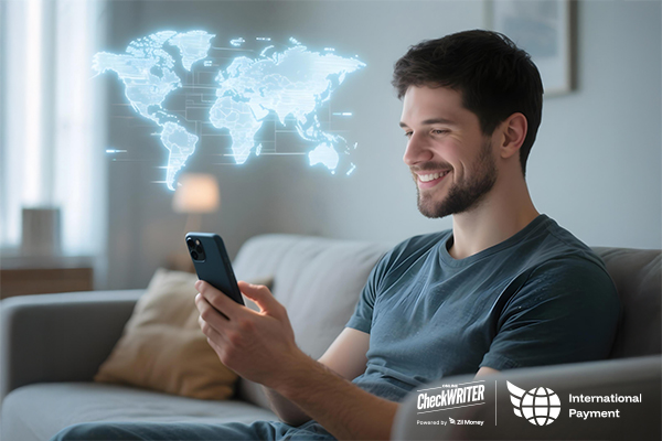 A Man Using A Phone To Make a Payment Easily. Fast International Payments Myths and Facts Explained Clearly