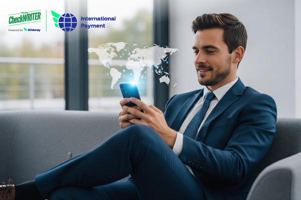 Businessman using mobile app for fast international payments, showing global map overlay for convenient cross-border transfers.