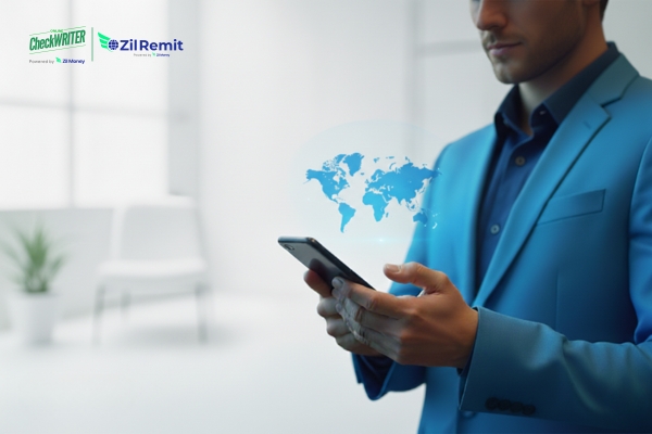 A businessman in a blue suit using a smartphone with a world map overlay, suggesting easy, global international payments.